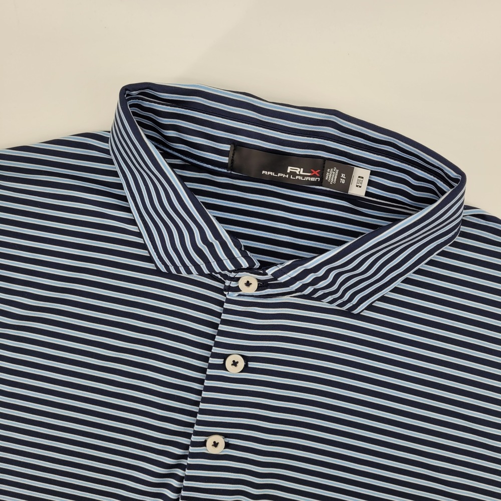 RLX Ralph Lauren Polo Shirt Mens XL Stripe Navy Light Blue Golf Performance